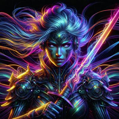 The primary subject of the image is a woman with long, flowing hair, holding a sword. She is wearing a futuristic outfit, which includes a helmet and a suit. The setting appears to be a futuristic environment, possibly a space station or a high-tech facility. The visual style of the image is digital art, with vibrant colors and a detailed, intricate design. The overall atmosphere of the image is one of strength, power, and determination.